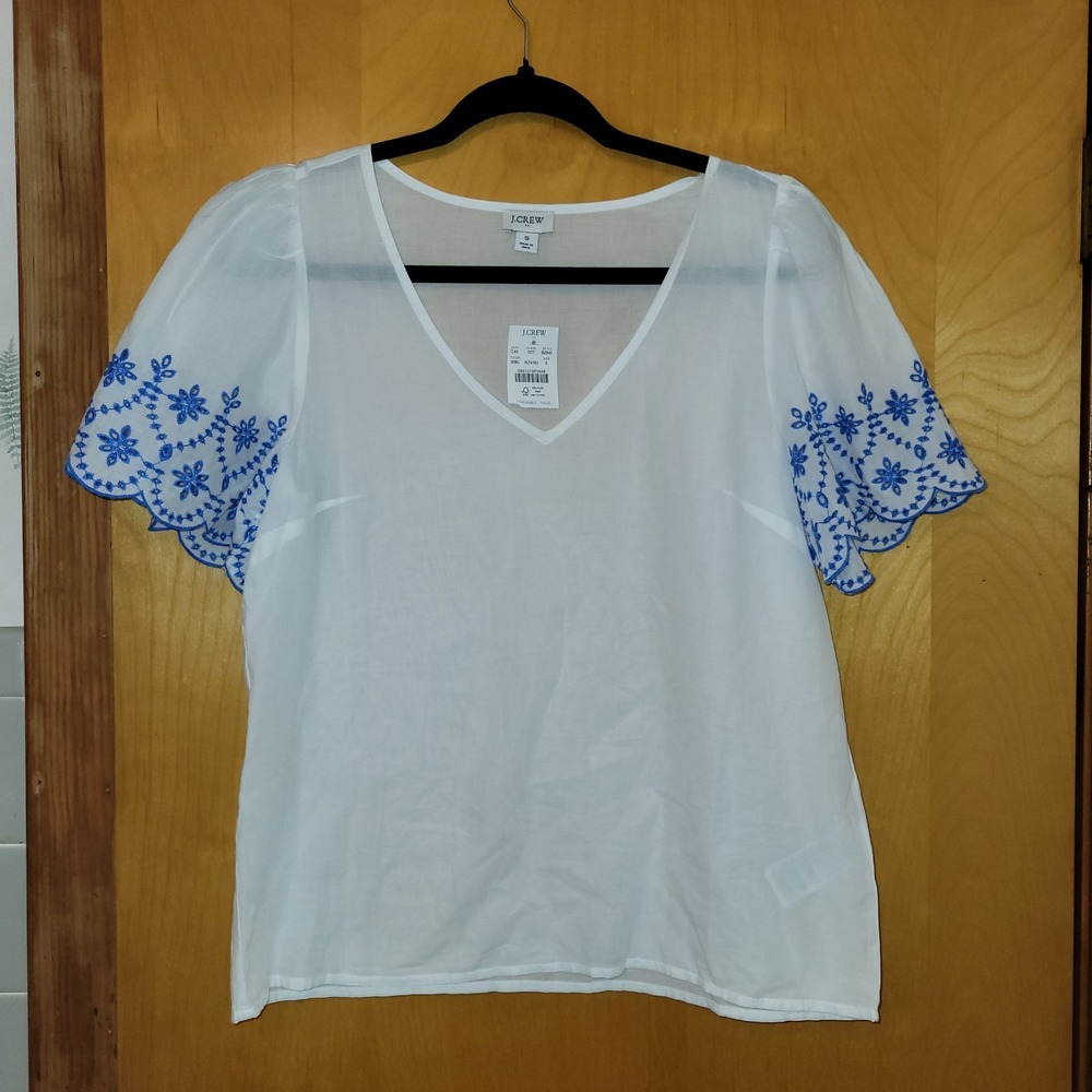 J Crew White Cotton Top Embroidered Short Sleeve‎ Semi Sheer Size S Beachy Boho
